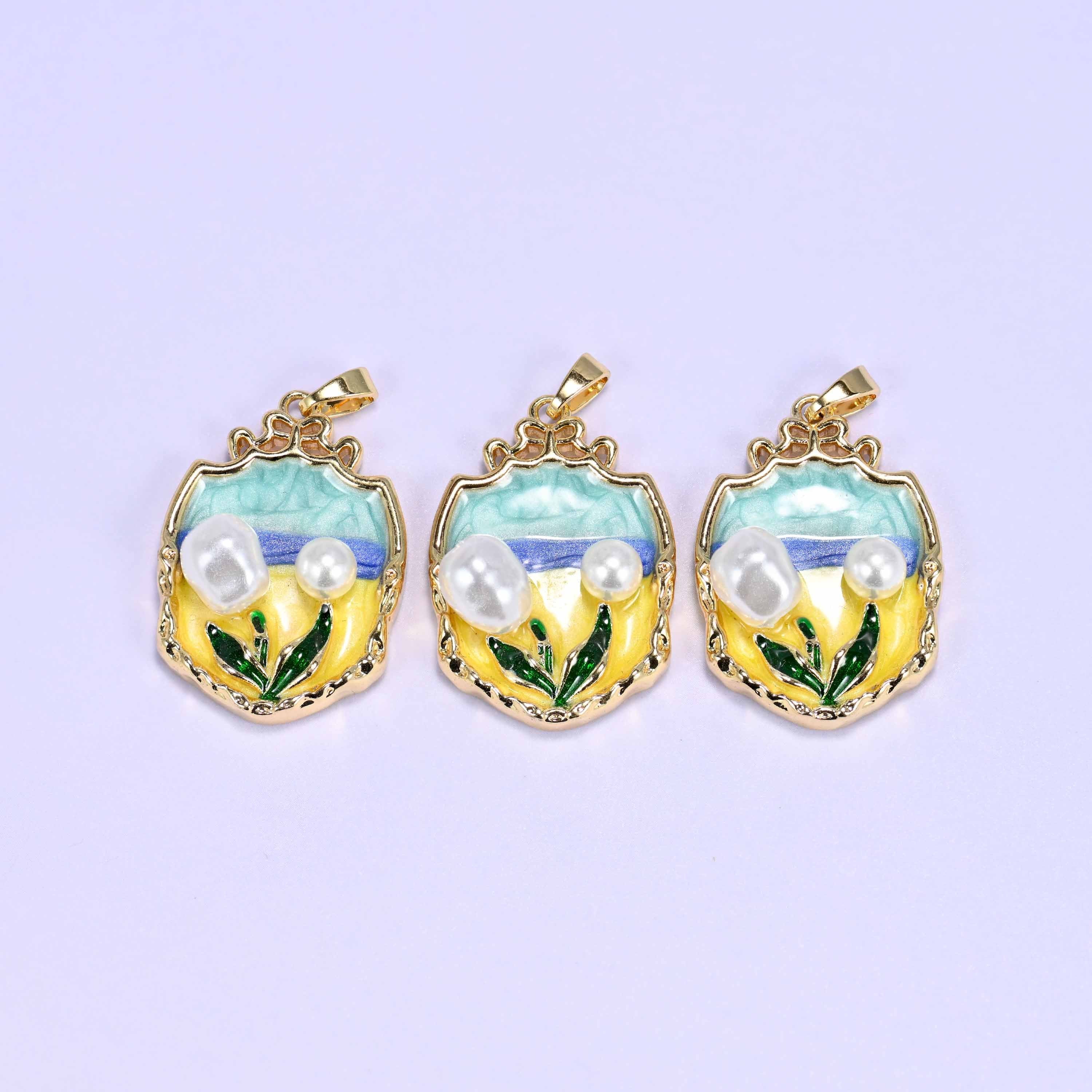 Tulip charm with a teal and yellow enamel garden scene