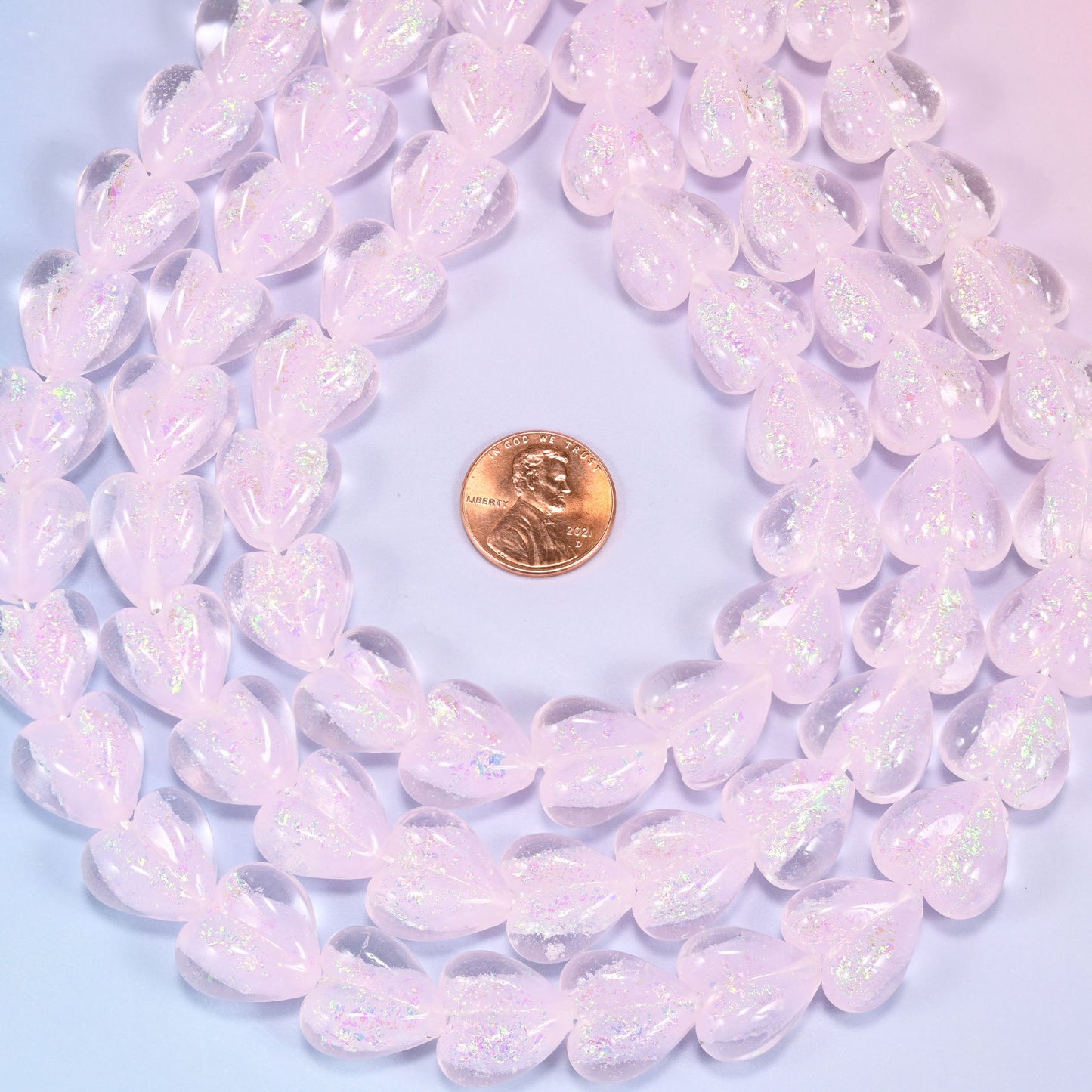 Iridescent Pink Heart Glass Beads, 16x15mm, 24pc Strand