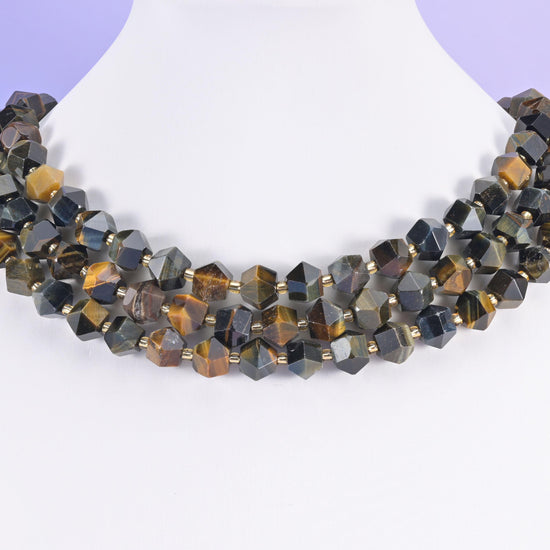 Iron Tiger Eye beads, faceted diamond rhombus, 10mm
