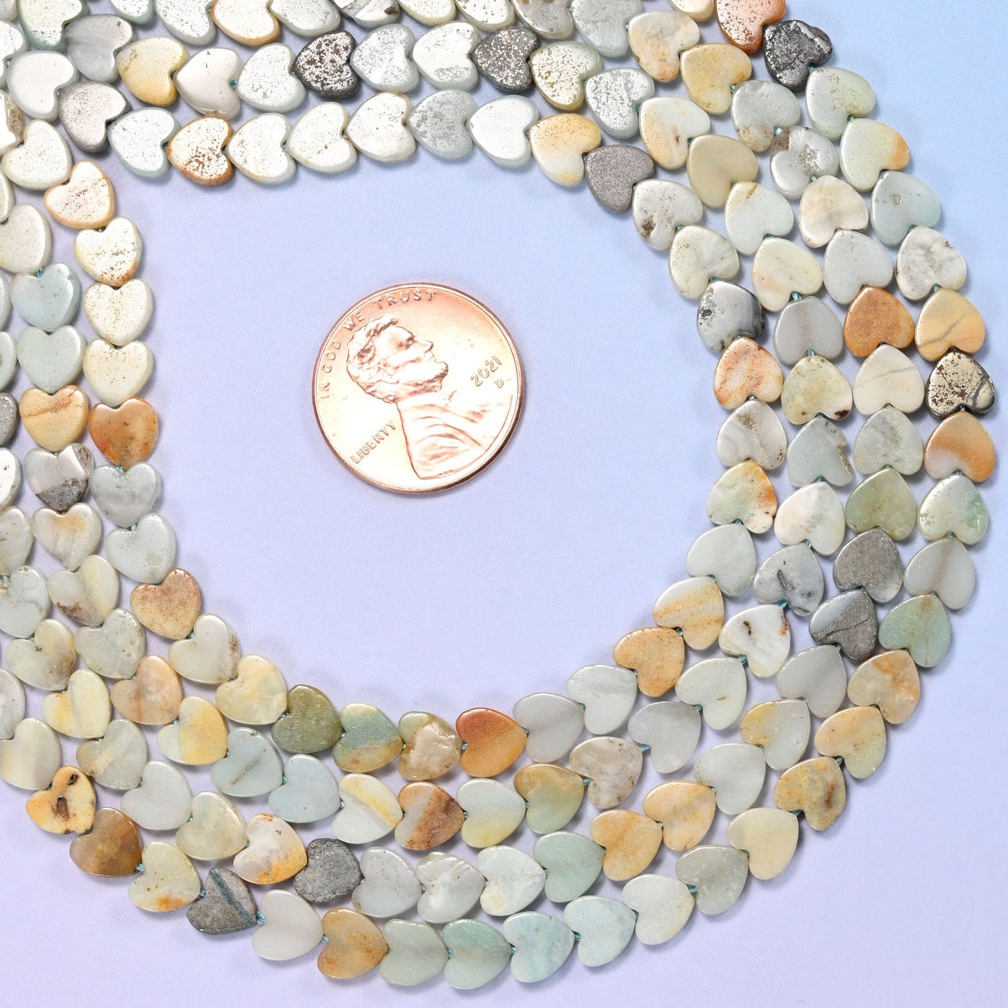 Multicolor Amazonite Flat Heart Beads, approximately 68 beads per strand