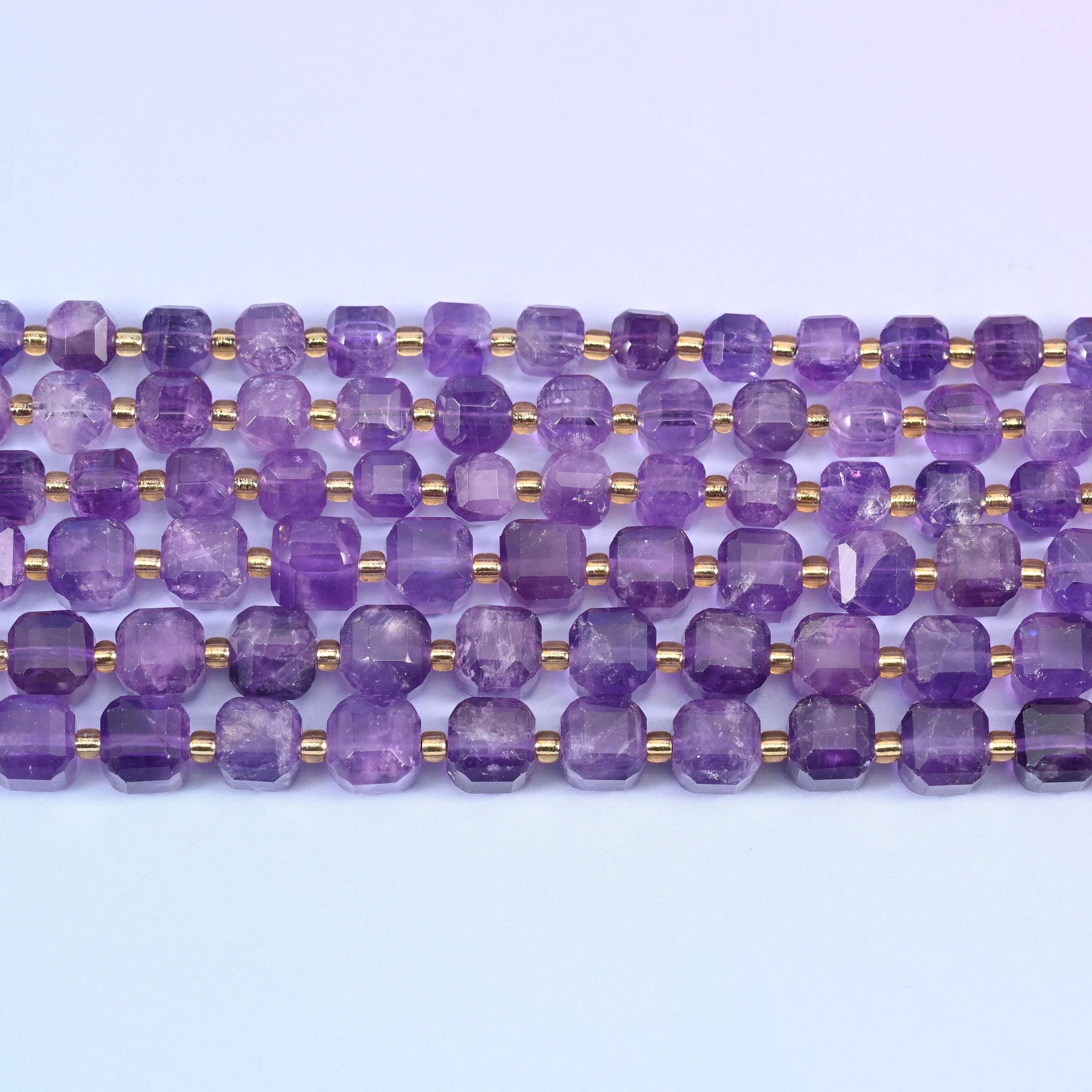 Amethyst Faceted Cube Beads 6mm 8mm in mid-purple with pale near-white zoning