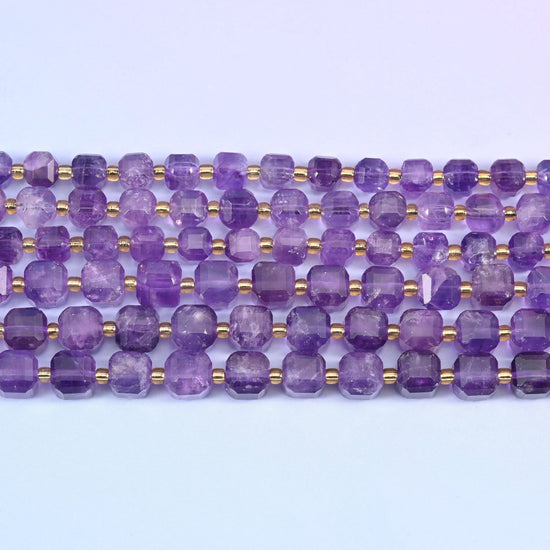 Amethyst Faceted Cube Beads 6mm 8mm in mid-purple with pale near-white zoning