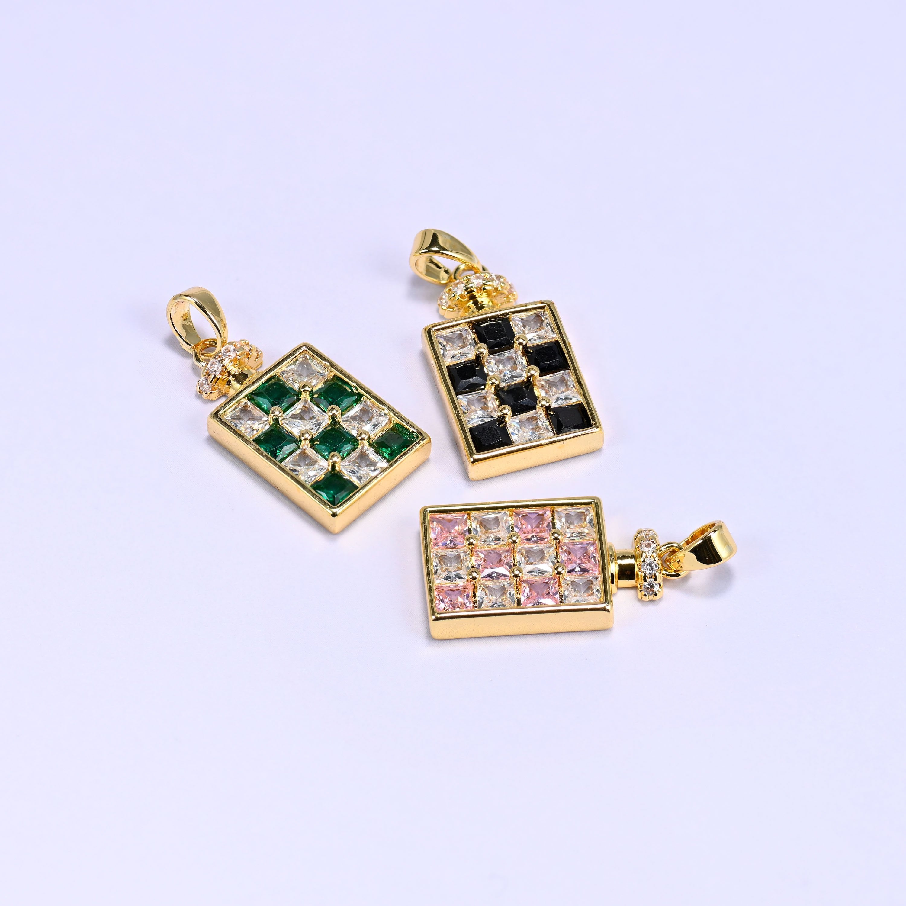 Perfume Bottle Zircon Charms with a checkerboard pattern of pave zircon squares