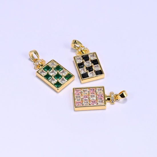 Perfume Bottle Zircon Charms with a checkerboard pattern of pave zircon squares