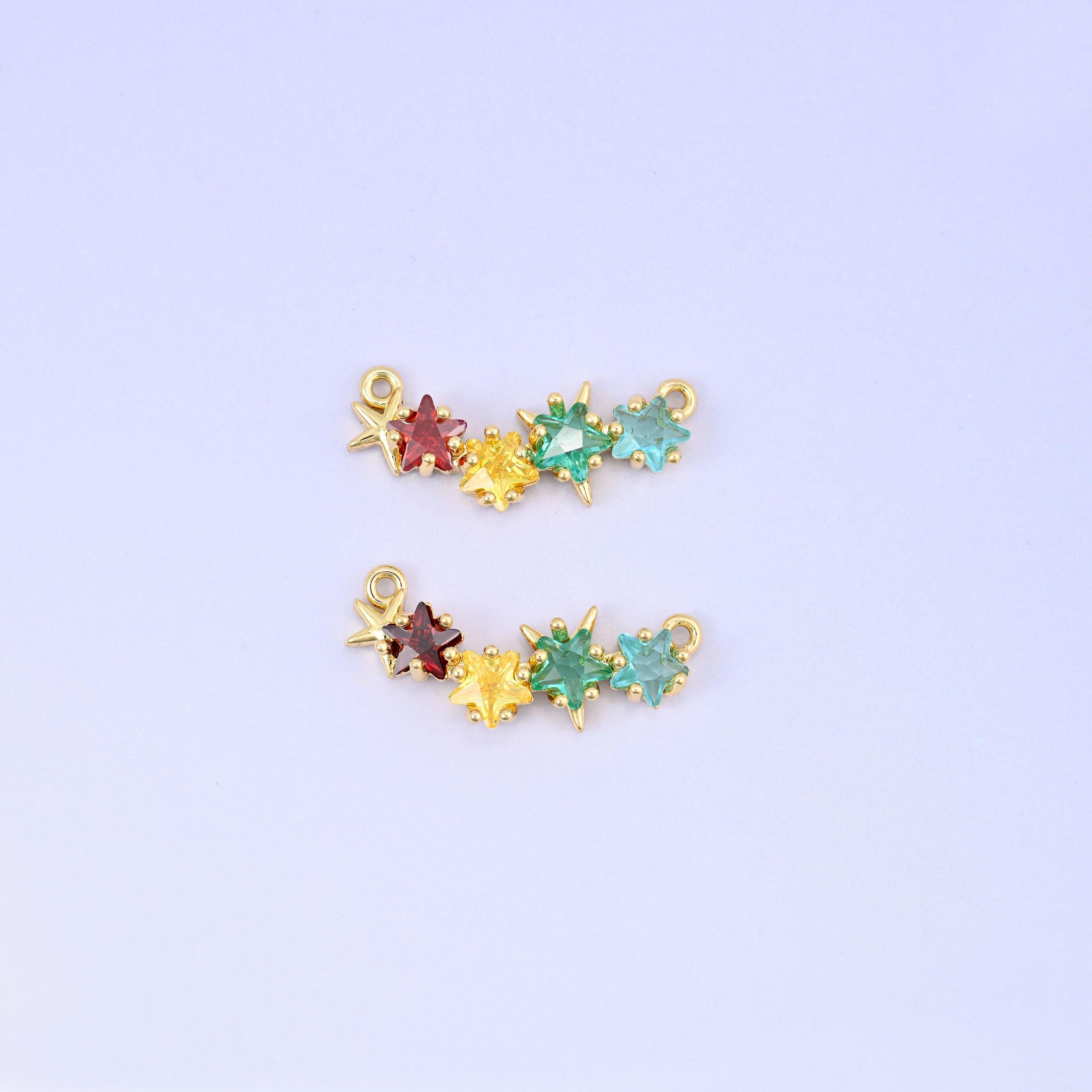 Multicolor 4 Stars Zircon Connector Pendants: 18K Gold Plated, Jewelry Making Supply