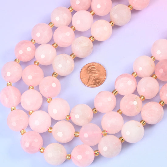 Rose quartz faceted round beads, approximately 21 beads per strand