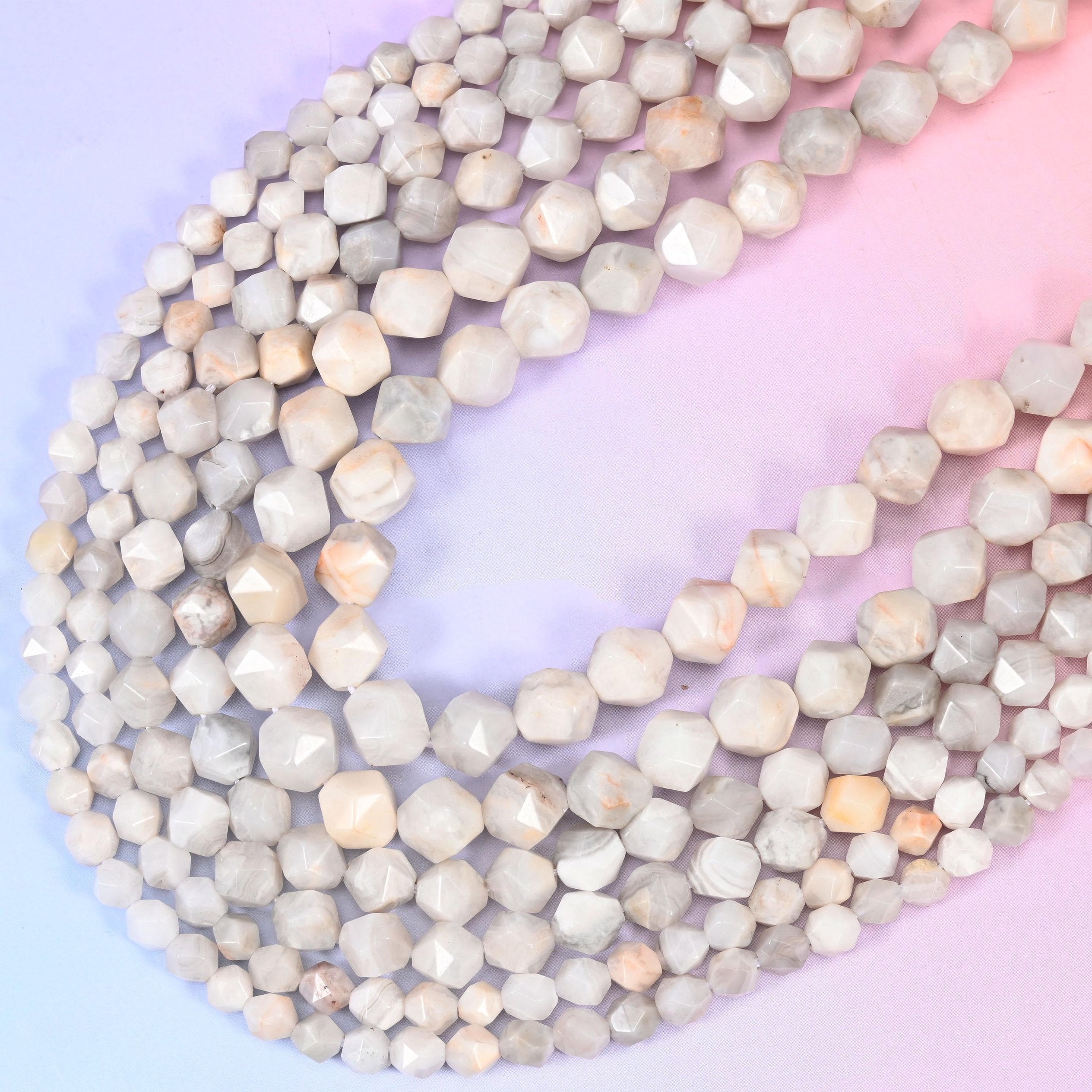 White Crazy Agate Beads: Faceted Diamond Star Cut, 15.5 inch strand