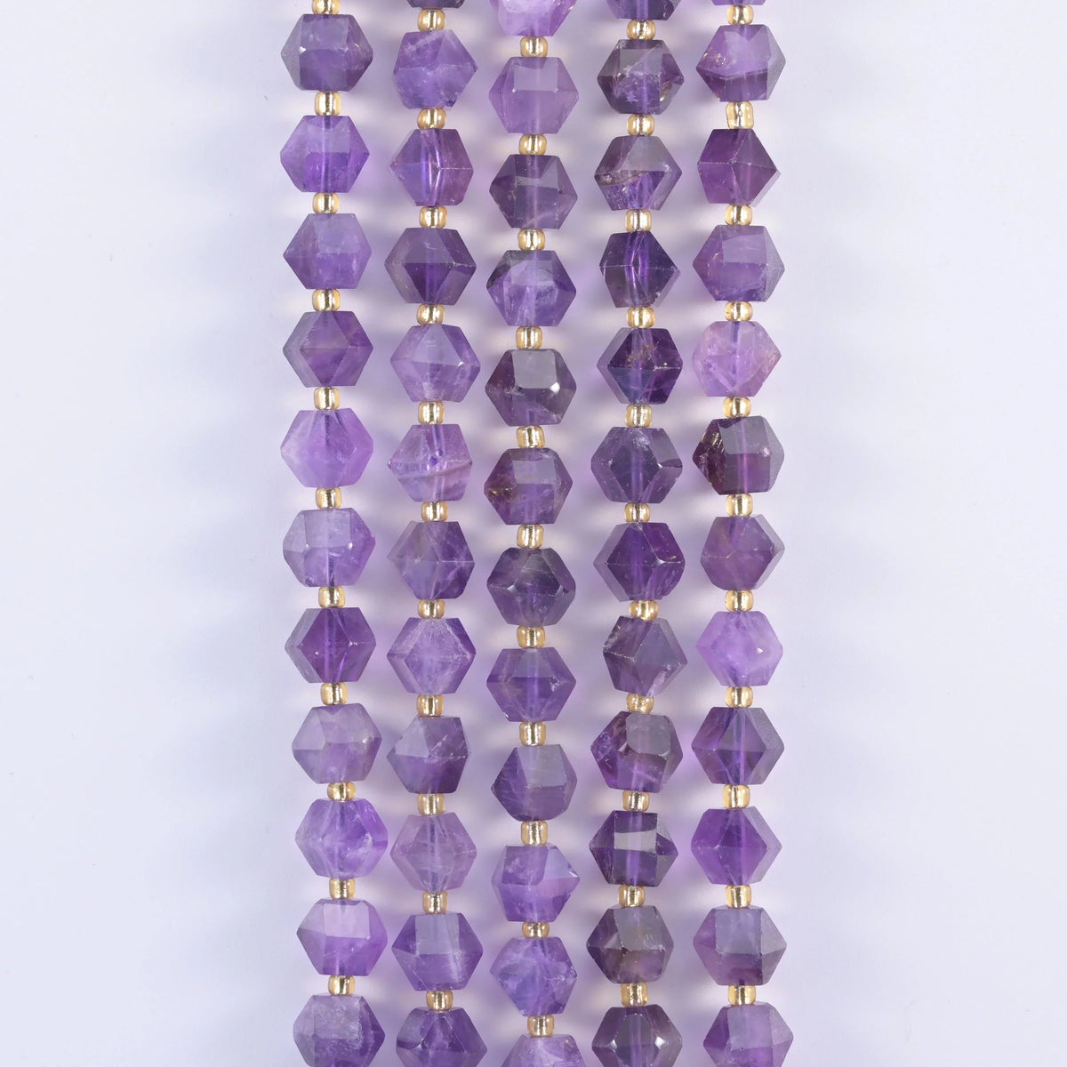Faceted rhombus gemstone beads, soft rose and mossy colourways offered.