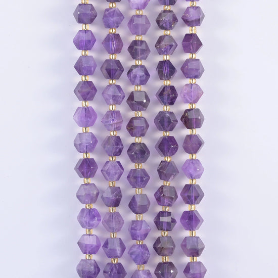 Faceted rhombus gemstone beads, soft rose and mossy colourways offered.