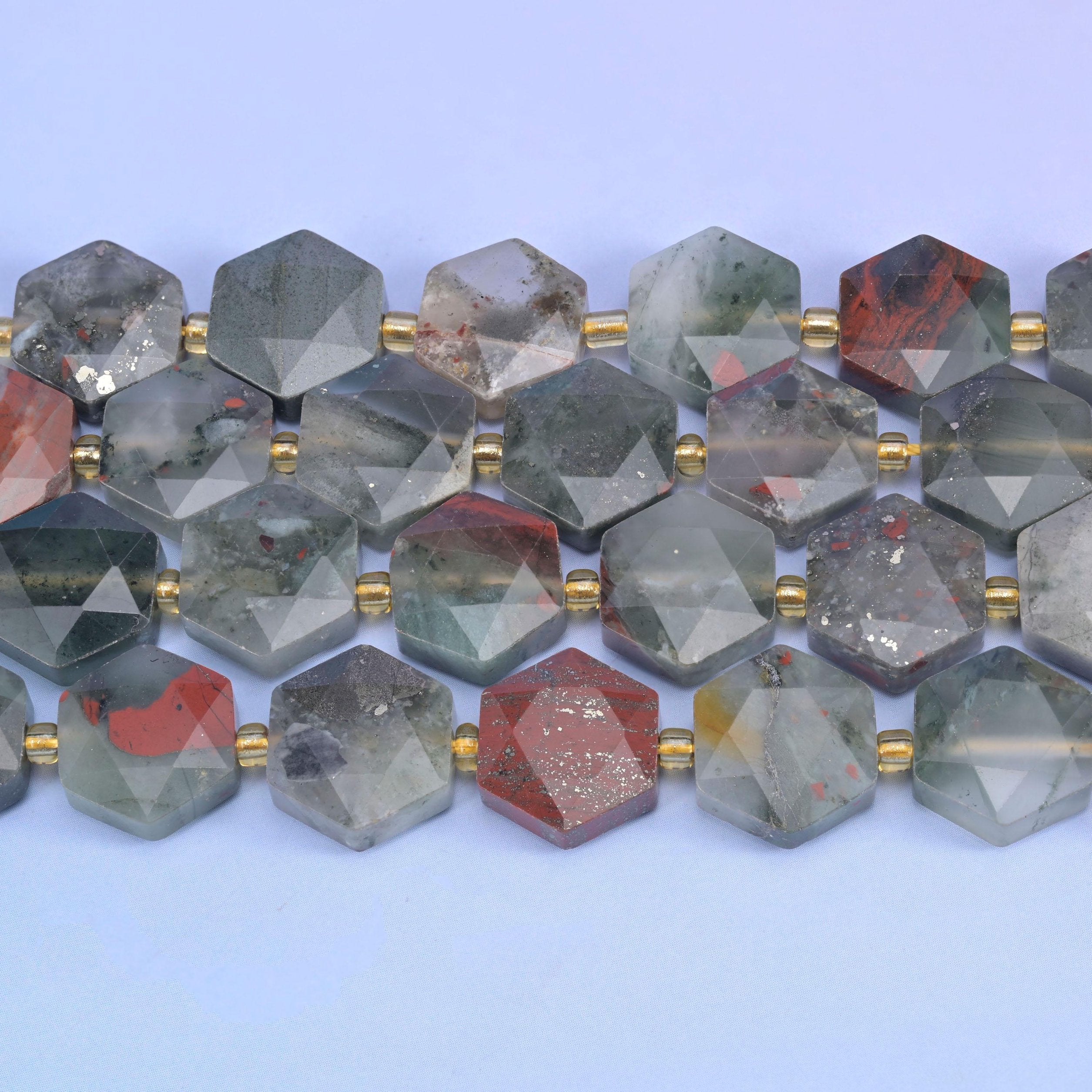 Rows of 12mm Bloodstone hexagons separated by gold-tone spacer beads