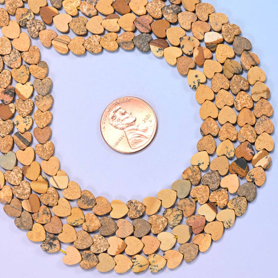 Matte picture jasper flat heart beads, approximately 68 per strand