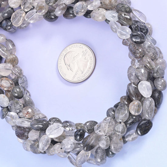Black Rutilated Quartz Pebble Beads 6-8mm 8-12mm Jewelry Making 15.5" Strand