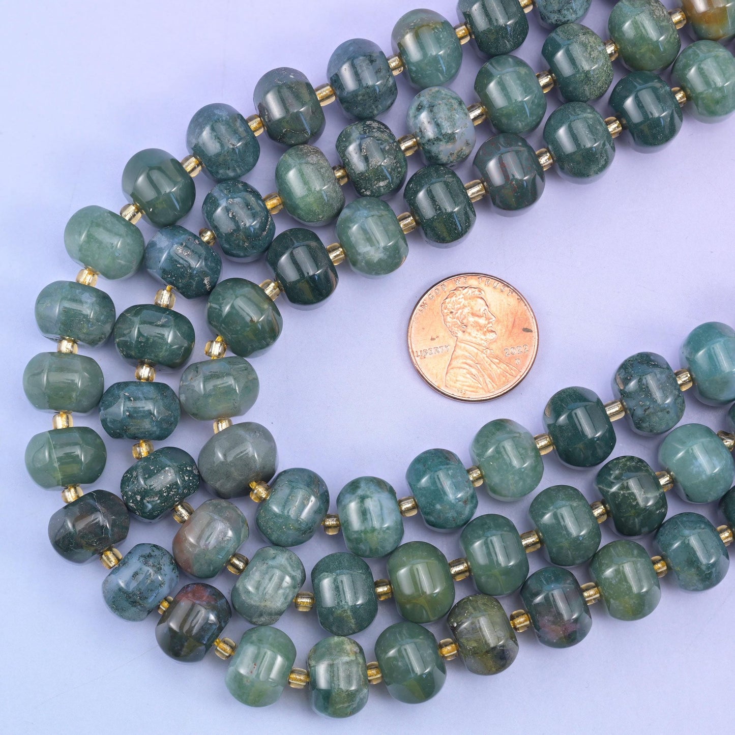 Moss agate pumpkin beads, 15 inch strand