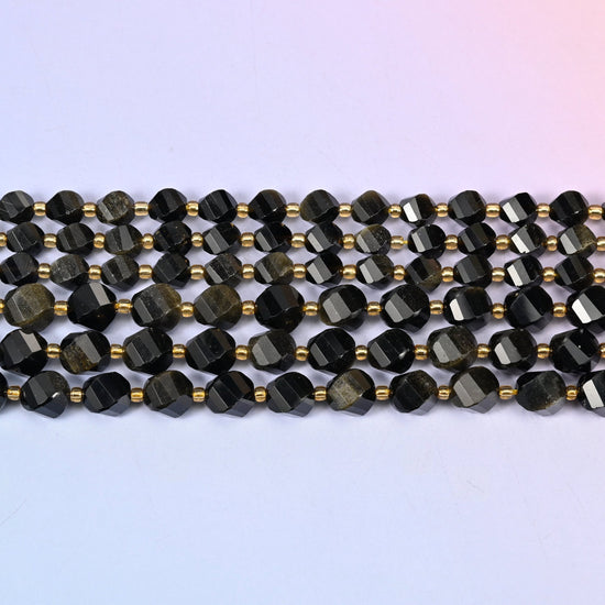 Gold Obsidian beads, mirror-black volcanic glass flaring to warm bronze-gold