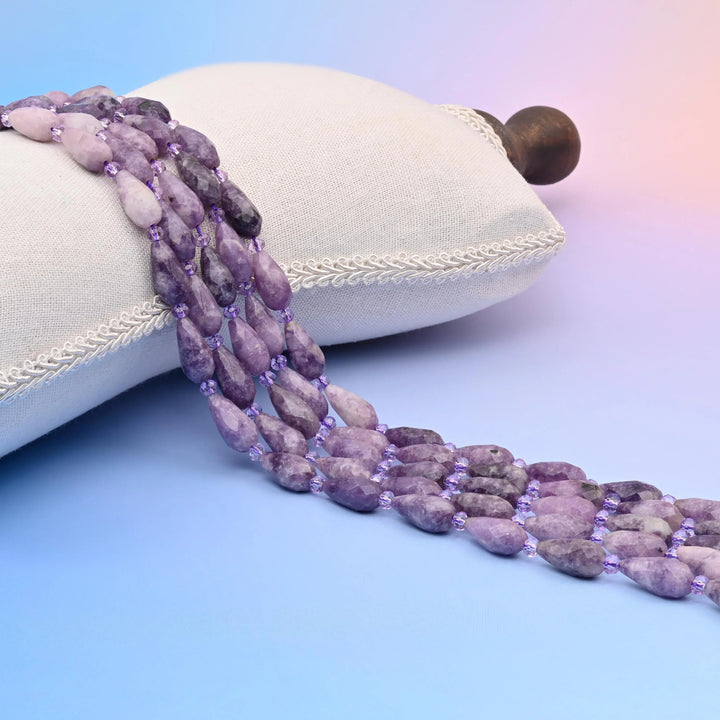 Natural Lepidolite faceted teardrop beads, pale lilac clouded with white, grey and plum