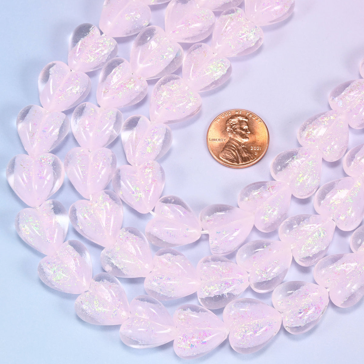 Iridescent Pink Heart Glass Beads, 11.5 inch strand