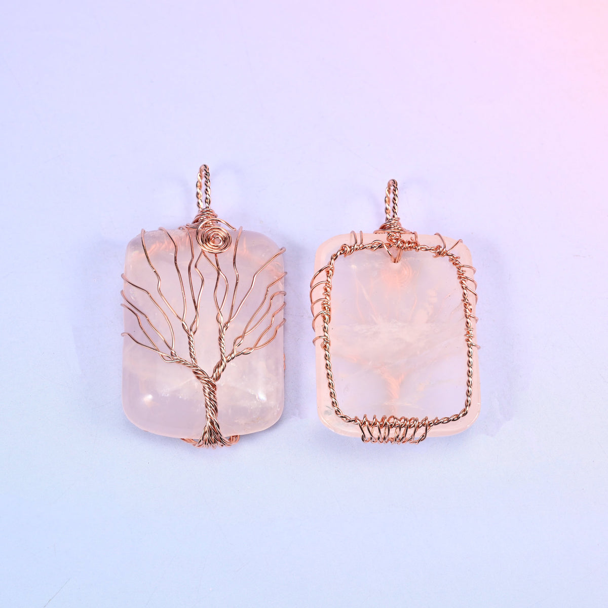 Rectangle Gemstone Tree of Life Pendant in blush pink, front view beside the reverse so the wire border and bail construction can be compared.