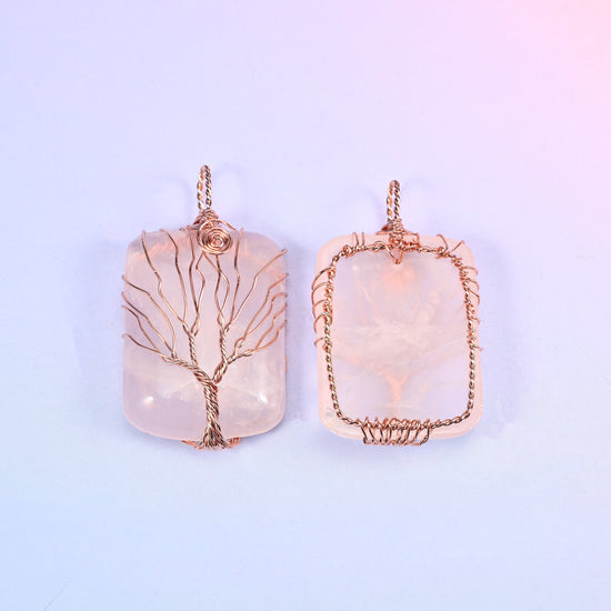 Rectangle Gemstone Tree of Life Pendant in blush pink, front view beside the reverse so the wire border and bail construction can be compared.
