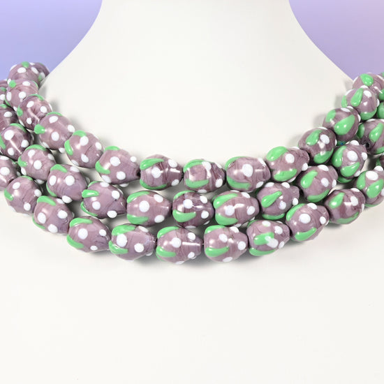 Strawberry glass beads, purple with white dots, approximately 15.5x12mm