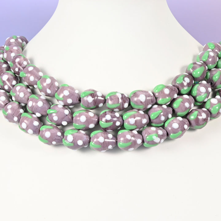 Strawberry glass beads, purple with white dots, approximately 15.5x12mm