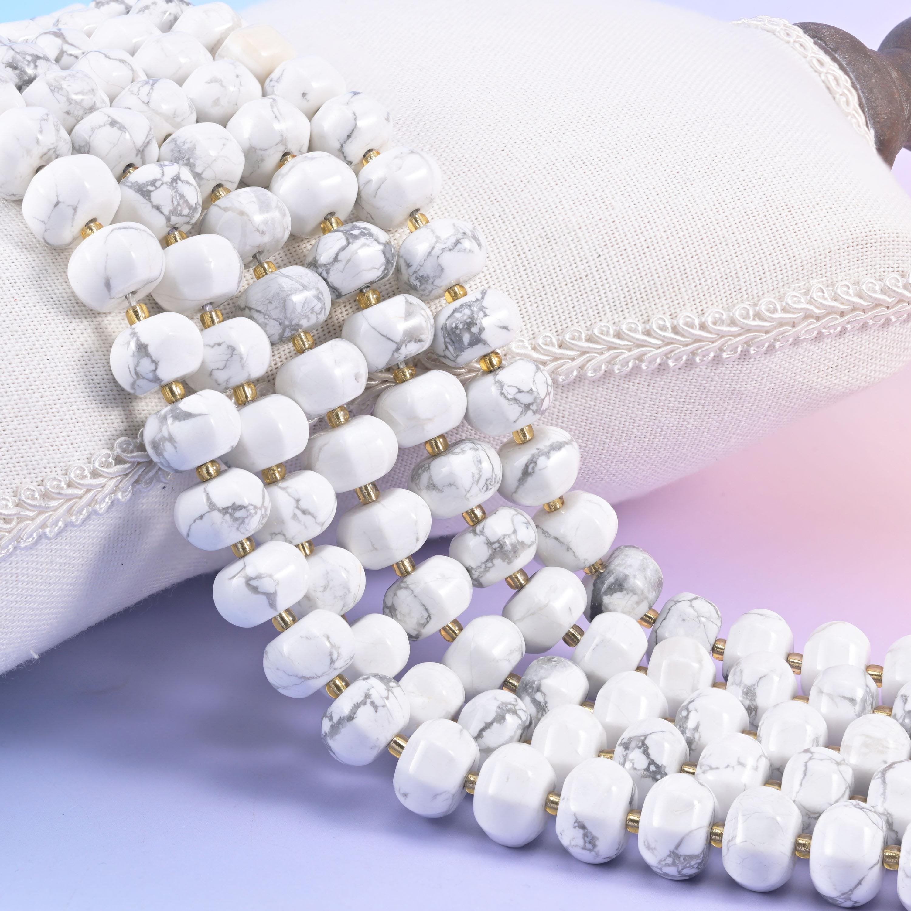 White Howlite Pumpkin Rondelle Beads, natural stone in crisp white