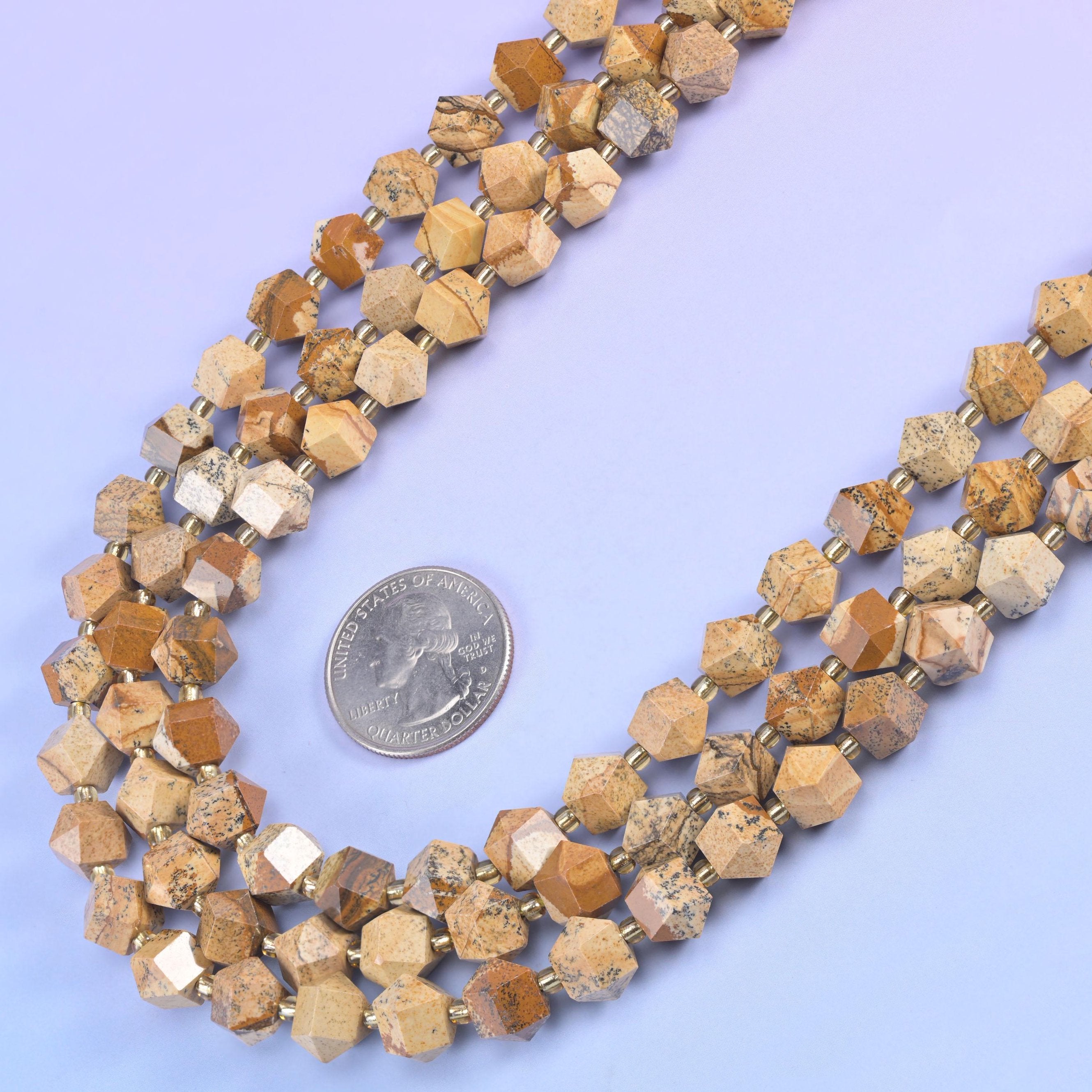 Picture Jasper Faceted Diamond Rhombus Beads in sandy beige and camel with brown and grey lines