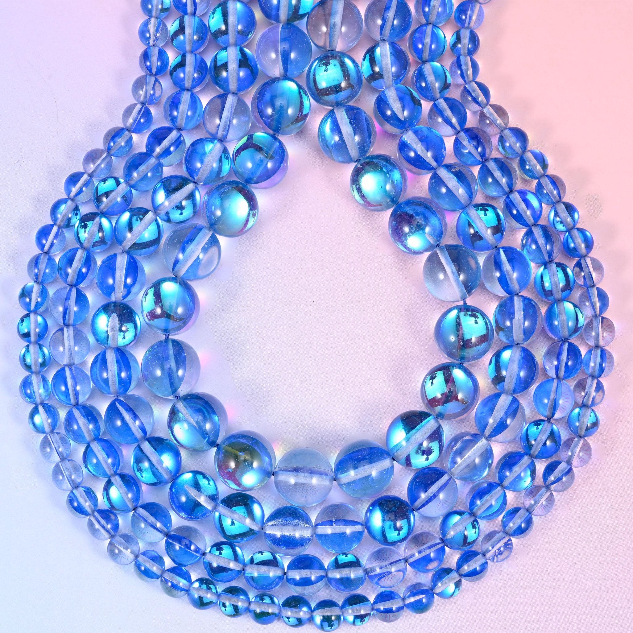 Iridescent Blue Round Glass Beads, hole approximately 1.0mm, centre drilled