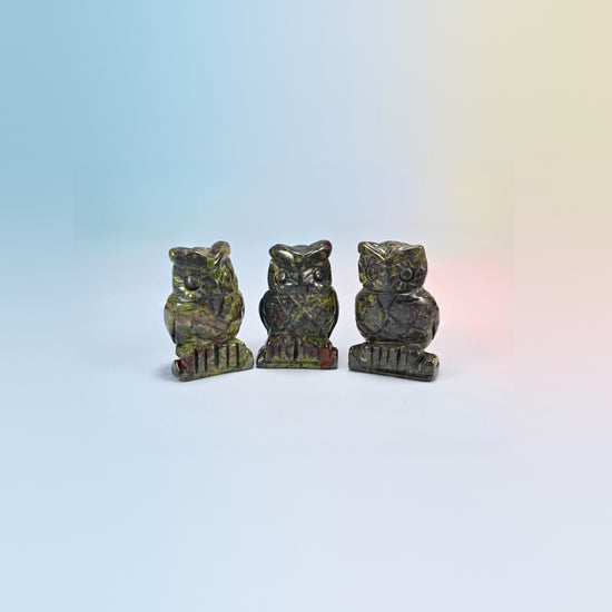 Owl crystal carving in dragon bloodstone, dark green natural stone with red patches