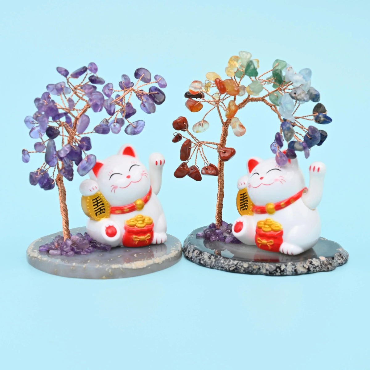 Solar Fortune Cat gemstone tree with gold ingot and red collar