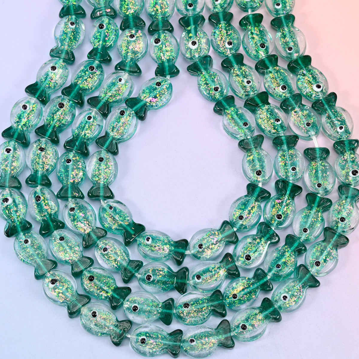 Iridescent Green Fish Glass Beads, hole 1.2mm