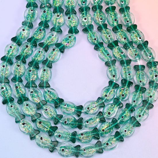Iridescent Green Fish Glass Beads, hole 1.2mm