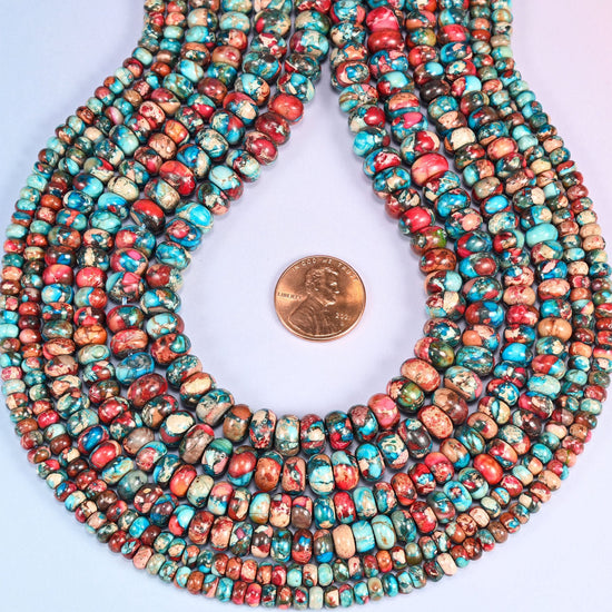 Red Dyed Sea Sediment Jasper Rondelle Beads, approximately 75 to 120 beads per strand.