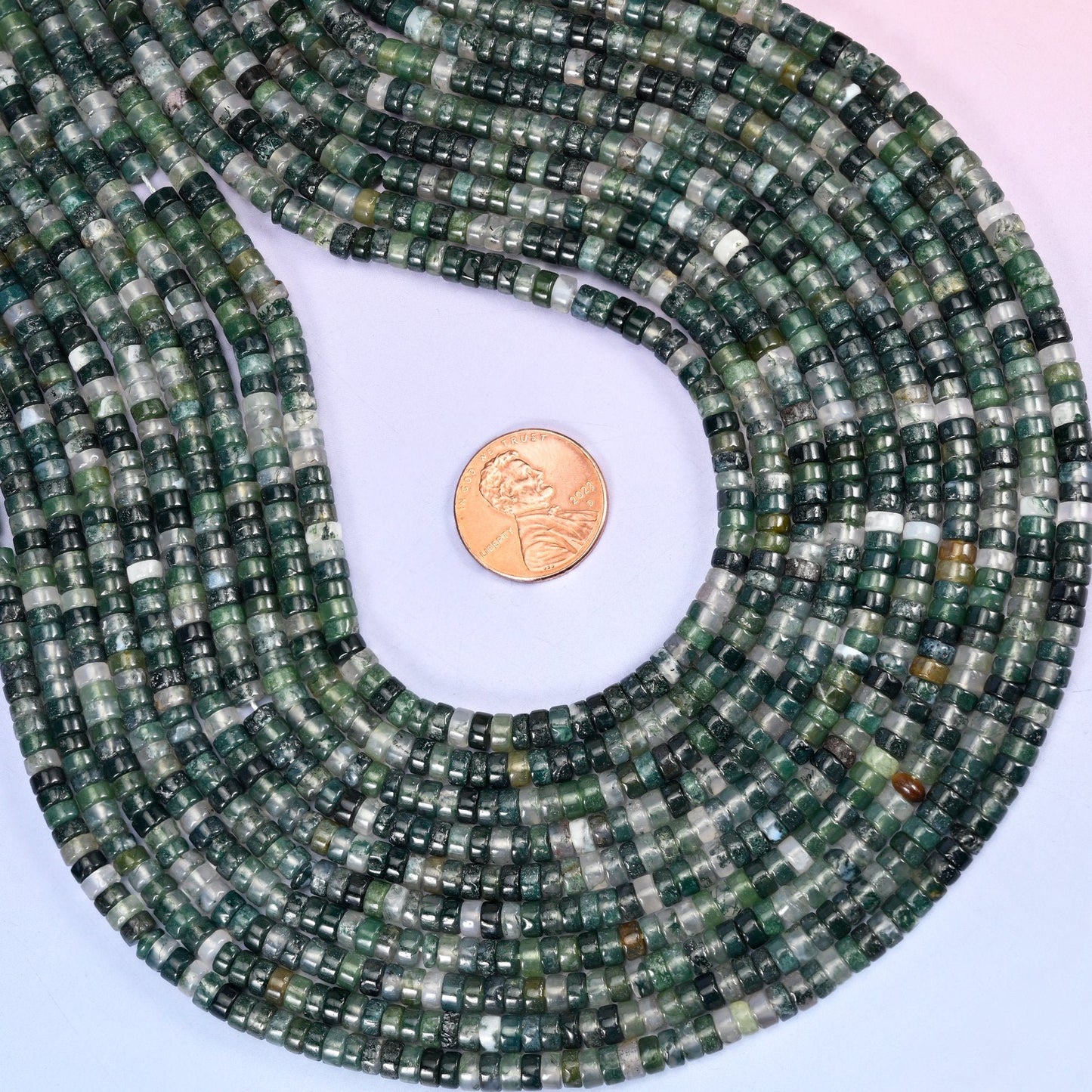 Moss Agate Smooth Heishi Disc Beads, approximately 180 beads per strand