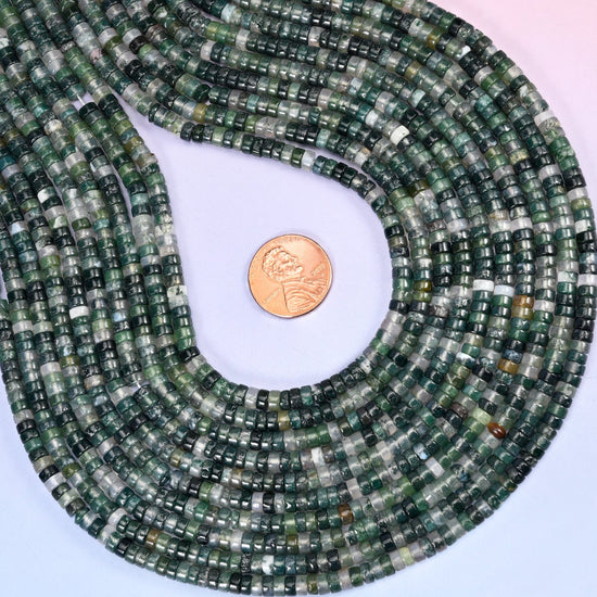 Moss Agate Smooth Heishi Disc Beads, approximately 180 beads per strand