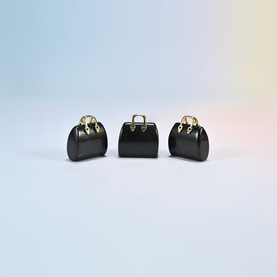 Three black obsidian purse crystal carvings, 1 inch, glossy black natural stone, gold-tone handle
