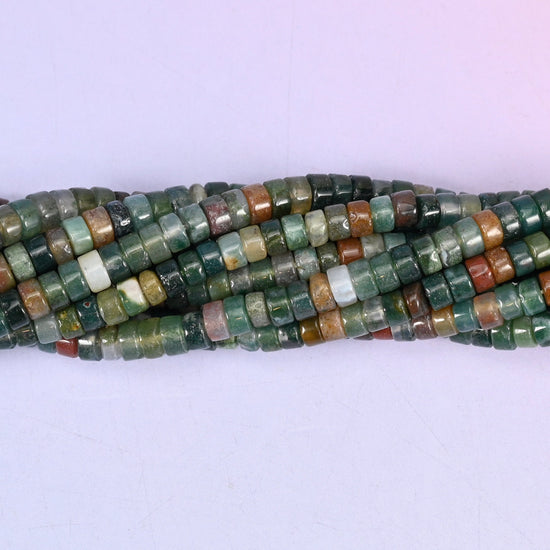 Natural Indian Agate smooth heishi disc beads in a rich mix of forest green, moss, rust, and cream tones, finished with a polished, sophisticated look.