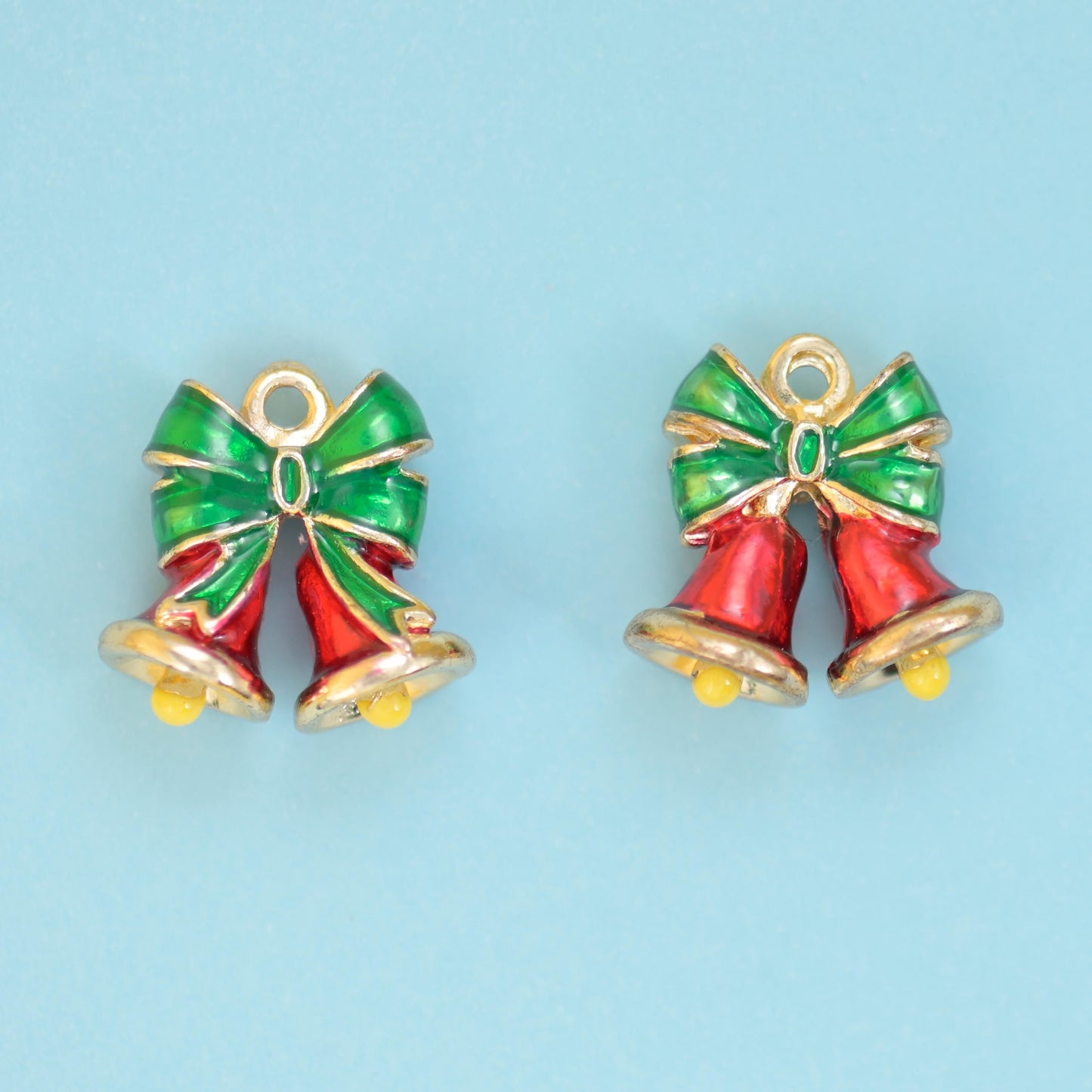 18K Gold Filled Enamel Christmas Bell Charm 13x12mm in red and green enamel with 18K gold