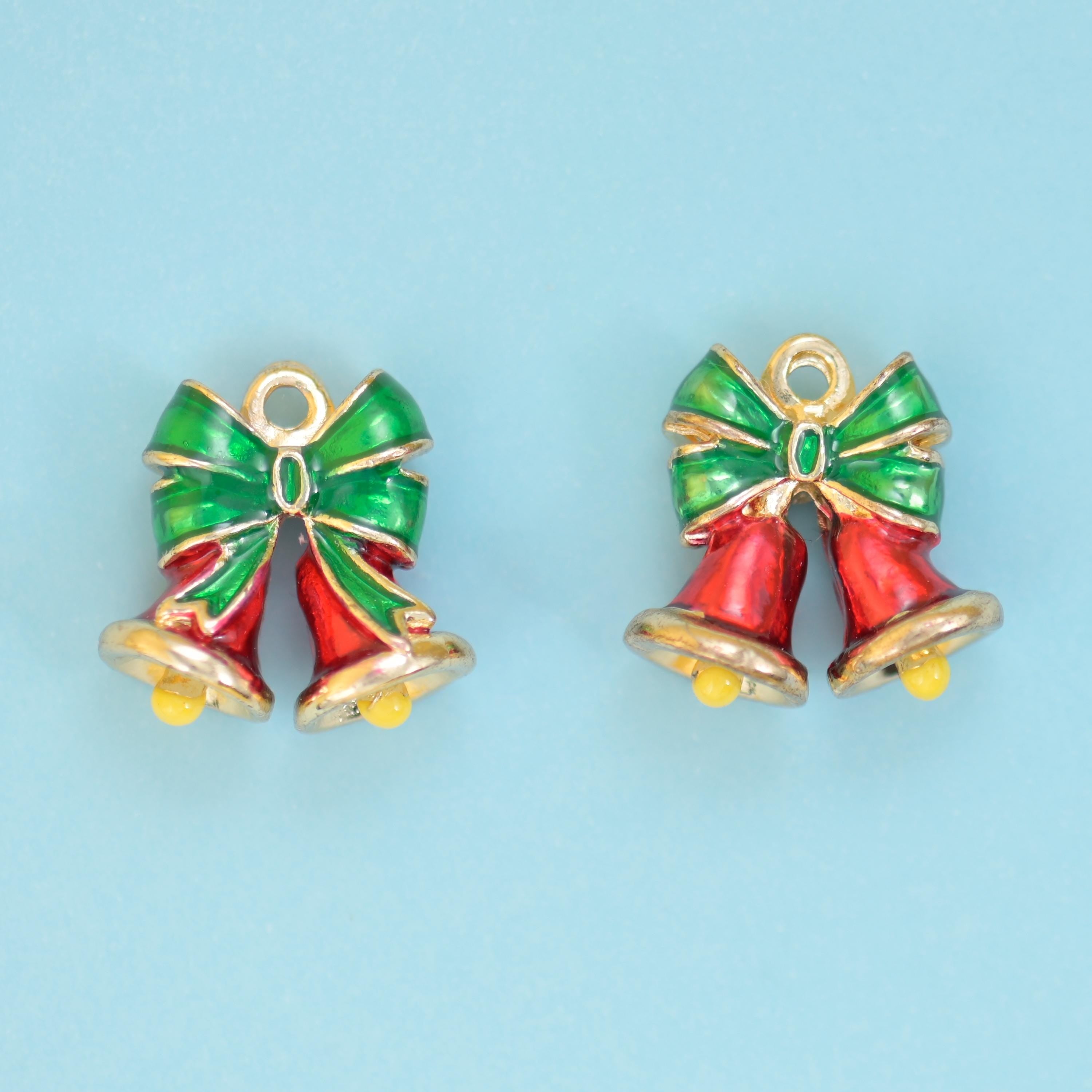 18K Gold Filled Enamel Christmas Bell Charm 13x12mm in red and green enamel with 18K gold