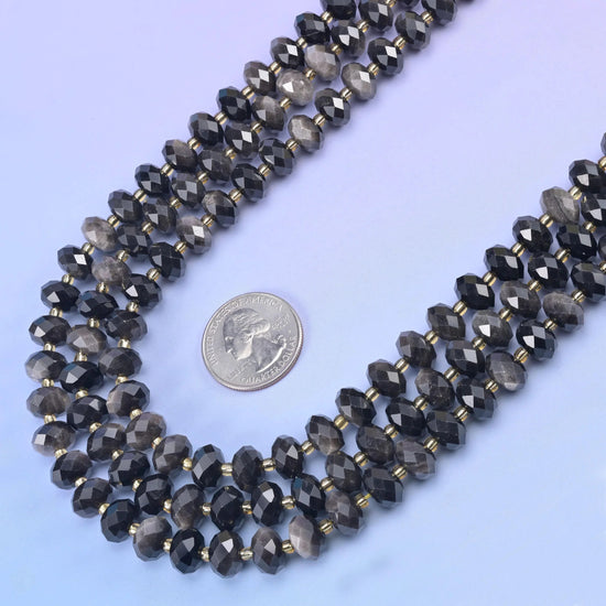 Natural Silver Obsidian faceted rondelle beads, 15.5 inch strand