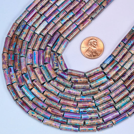 Tube cut Sea Sediment Jasper beads, dyed for vibrant multicolor saturation.