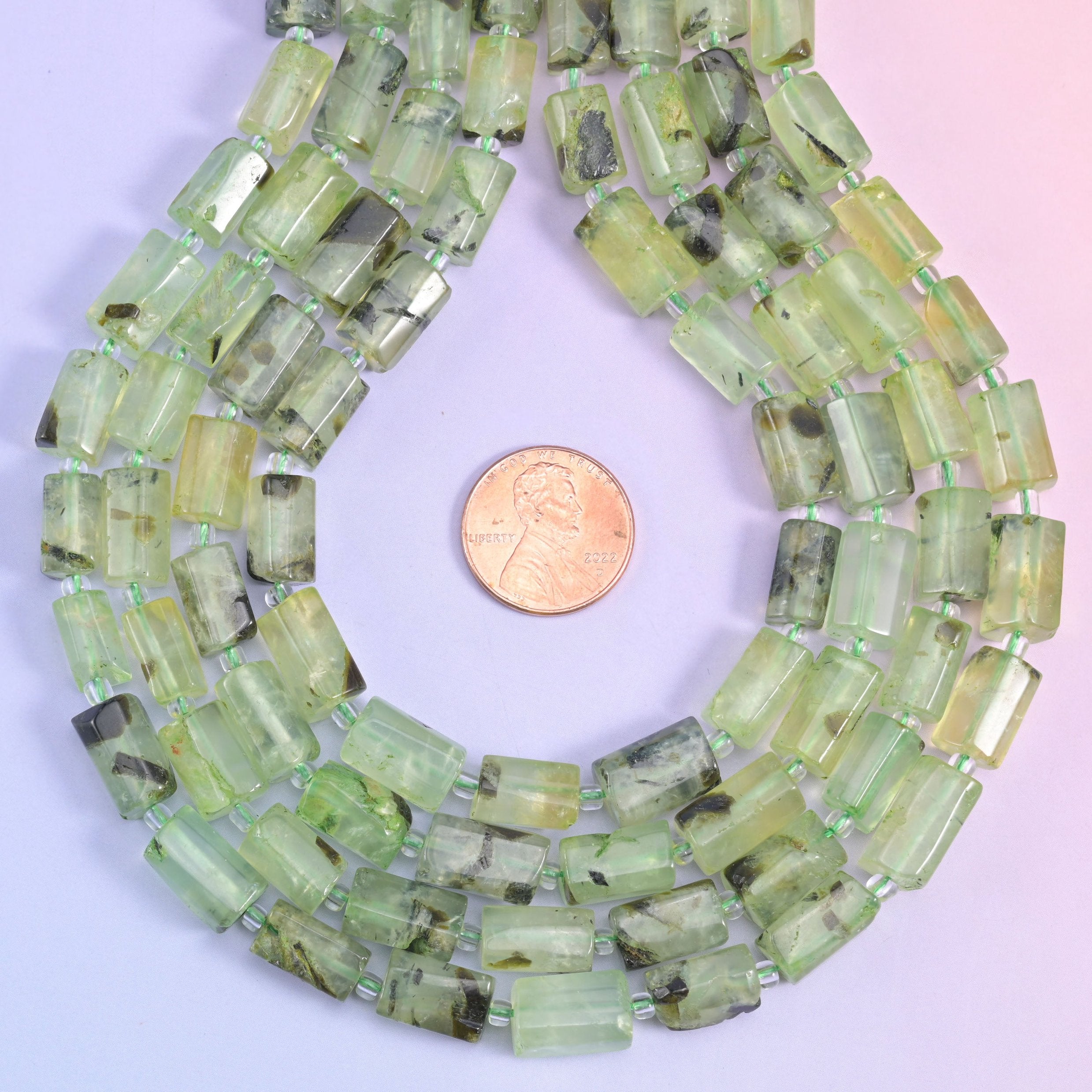 Natural Prehnite faceted tube cylinder beads, soft green hue with streaks that add depth