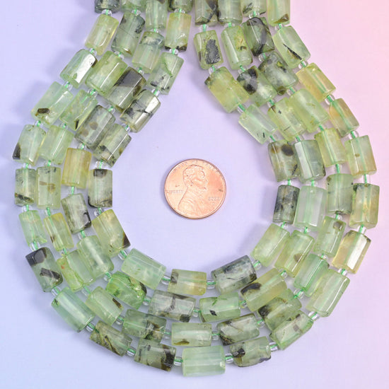 Natural Prehnite faceted tube cylinder beads, soft green hue with streaks that add depth