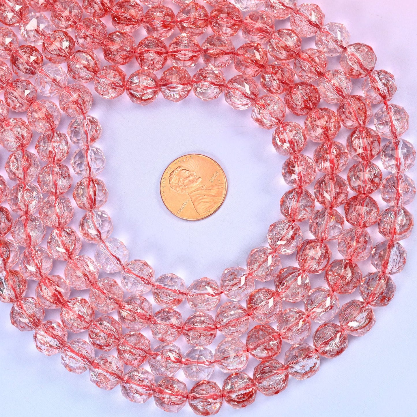 Transparent Red Faceted Round Glass Beads, clear glass cut with shallow facets