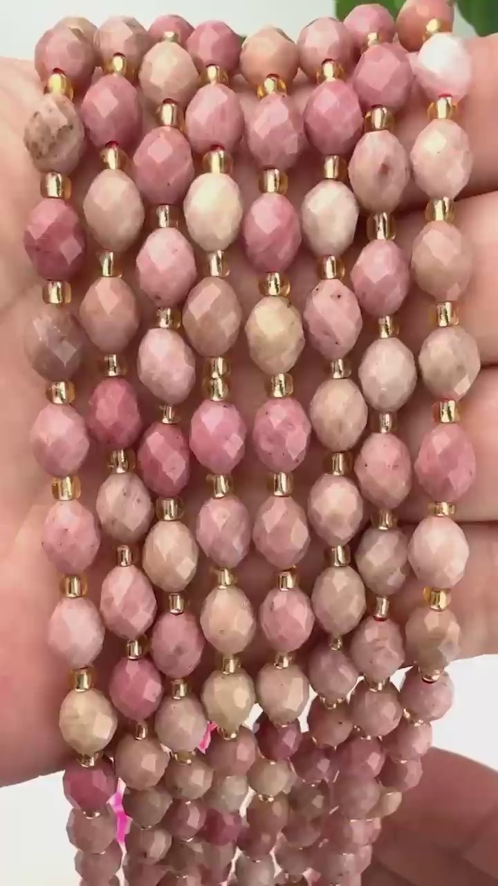 Pink Rhodonite Faceted Rice Barrel Beads, approximately 39 beads per strand