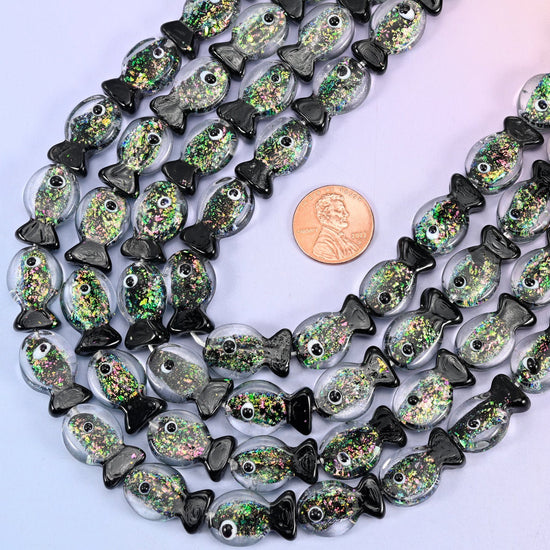 Iridescent Black Green Fish Glass Beads, hole 1.2mm