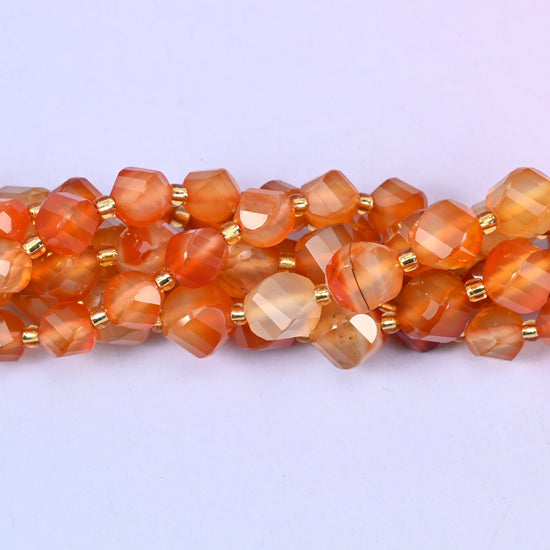 Orange Carnelian Faceted Spiral Twist Beads: Size 8mm 10mm, Jewelry Making, 15 inch Strand