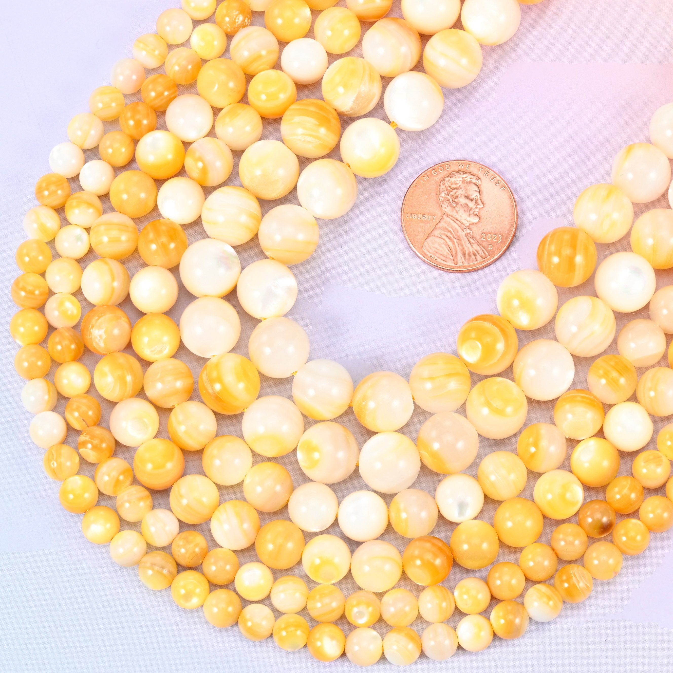 Yellow Pearl Shell Round Beads 6mm 8mm 9mm Jewelry Making 14 Inch Strand