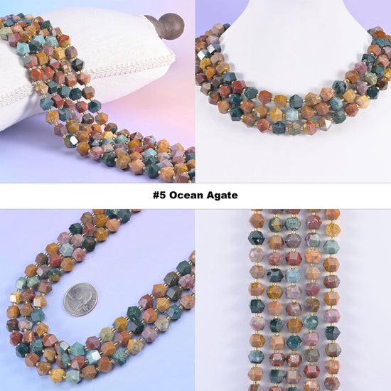 Faceted 8 sides diamond rhombus beads in ocean agate, option 5 shown in four views, mixed brown, green and blue tones bead to bead.
