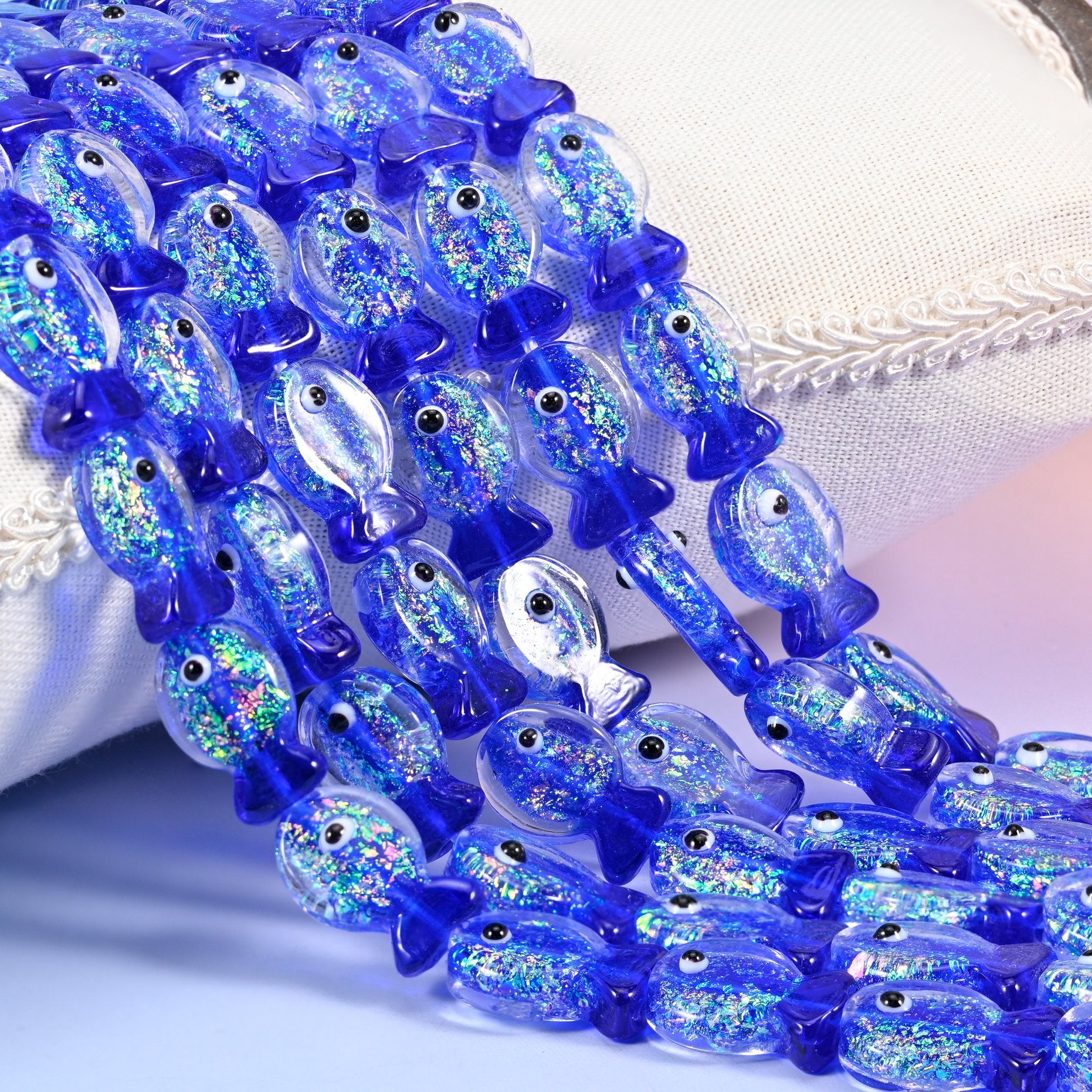 Iridescent Dark Blue Fish Glass Beads: Jewelry Making Supply