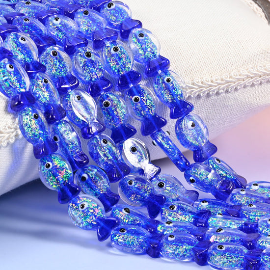 Iridescent Dark Blue Fish Glass Beads: Jewelry Making Supply